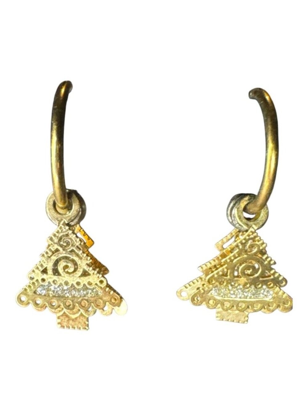 Gold-Tone Dangle Earrings With Filigree Christmas Tree Charms Lightweight Jewelr